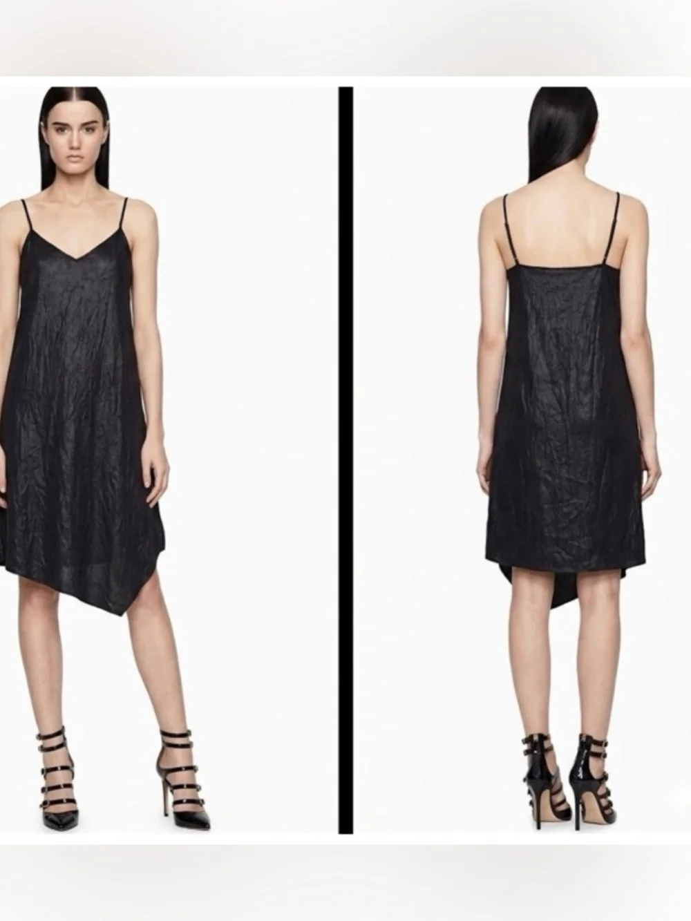 Calvin Klein Black Coated Crinkle Texture  Goth Asymmetrical Hem Vamp Dress M